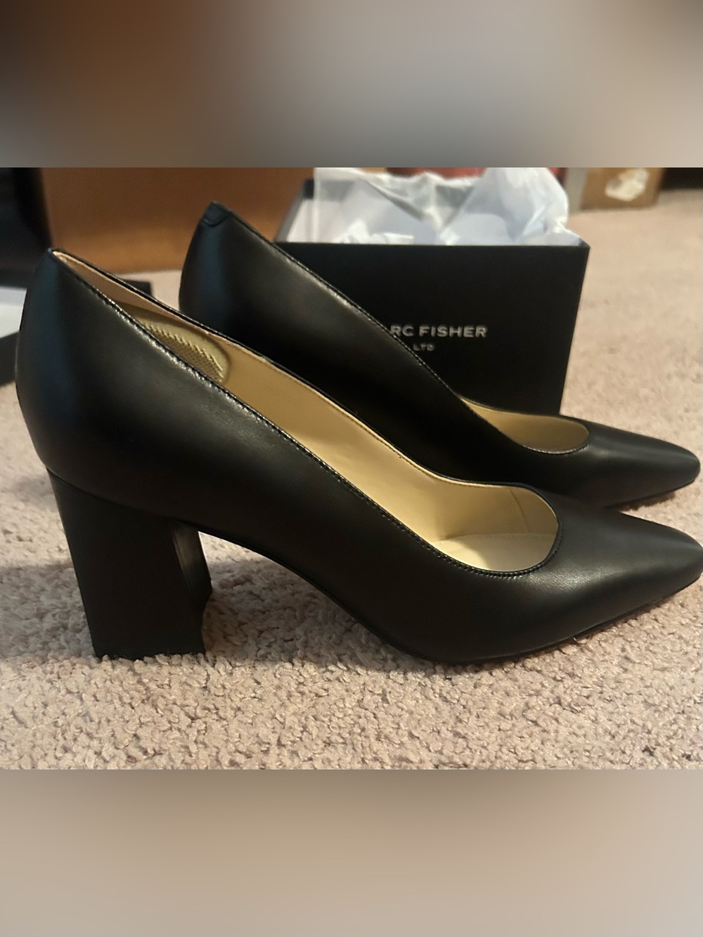 Marc Fisher Black Pointed Toe 3” Block Heel Pumps